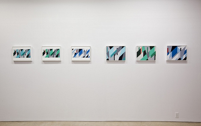 Installation view of Dazzle Shizzle exhibition showing OMD Dazzle Ships paintings