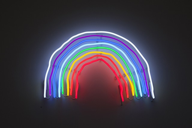 installation view" 'YOU WIN! (february)'
showing 'PYHIAHP (a neon rainbow installed at my height so i can stick my head in it)