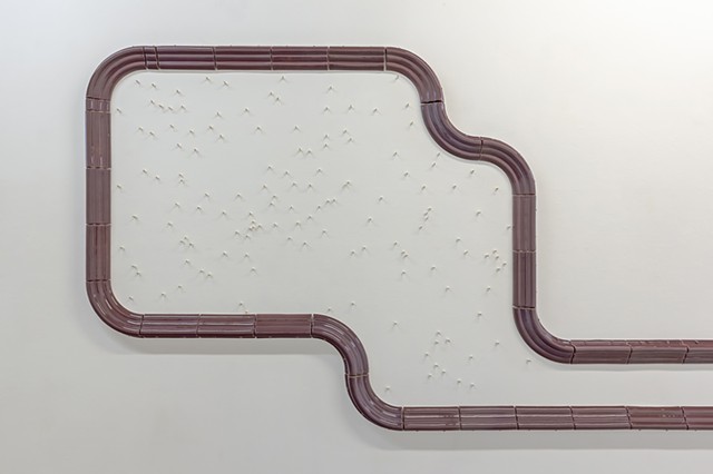 installation view: 'La douche écossaise' showing detail:
'Plum this time--it turns corners and makes shapes'
and
'Cherry studded ham wall cloud
(your tiny beautiful body! torn open and this brought out! x210)'