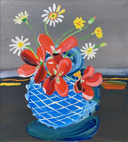 Blue Glass Daisies and Geraniums