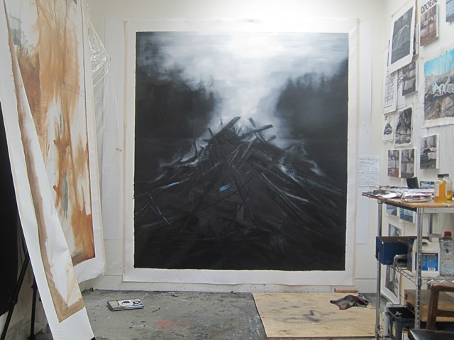 philosophy of fire painting in progress in studio, oil on canvas