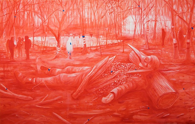 red contemporary mythological symbolism painting figure art kunst