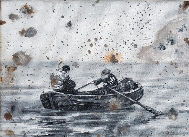 Two people in a rowboat with a barrel / weight