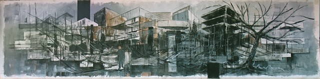 acrylic painting people architecture 