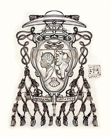 A sketch (pencil, pen and ink) of the proposed arms of an abdicated pope (Benedict XVI). 