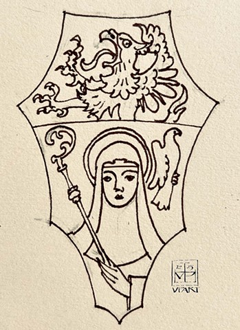 Coat of arms of the St. Scholastica Preparatory Academy, sketch.