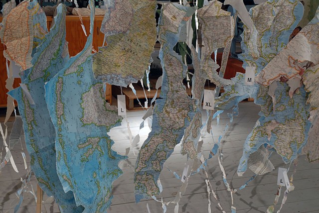 cartography, mapping, borders, recycling paper, 2d map to a 3d world, third world labor, factory