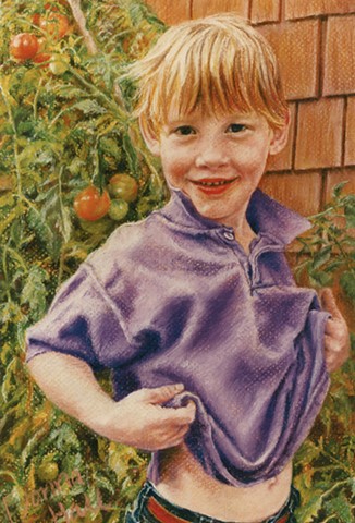 A Pastel Painting of a Boy in the Tomatoes by Donna Hall