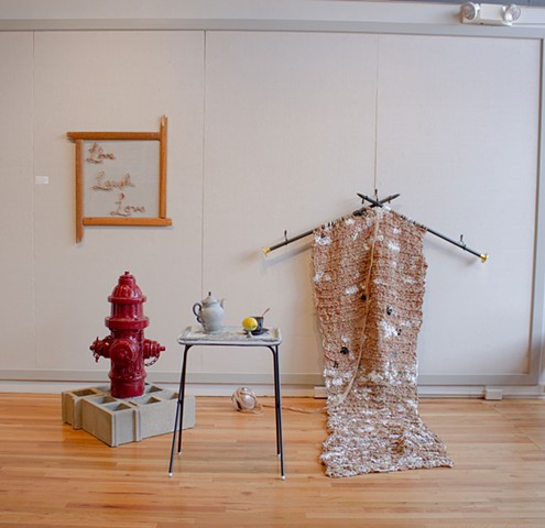 A piece about pursuit - cast iron, concrete, bronze, forged and fabricated steel, three years worth of plastic shopping bags, reclaimed lumber