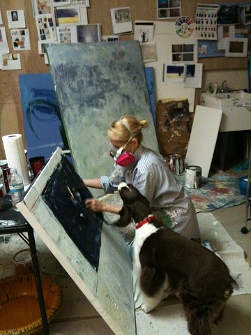 Painting with Georgie - wearing a mask to avoid varnish fumes.