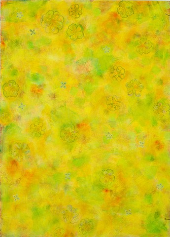 green, flowers, cheerful, yellow, mixed media on a fine, heavy archival etching paper,  acrylic paint, pastel, oil pastel, colored pencil, graphite, inks, wax crayon, and collaged paper.