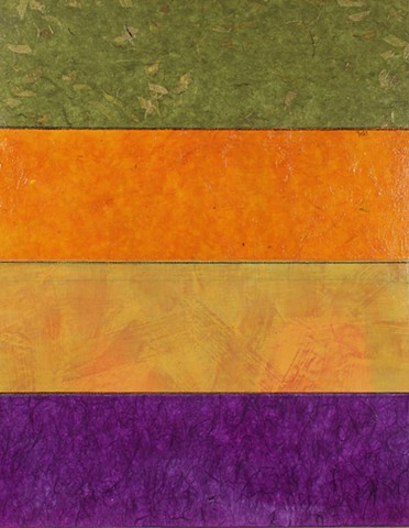 mixed media, acrylic, collage, works on paper, colorful, cheerful, contemporary, minimal, dramatic, orange, gold, purple, texture, green