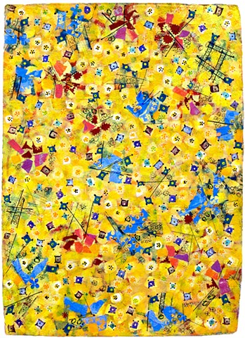 yellow, blue, fine detail, fun, playful, cheerful, collage, colorful