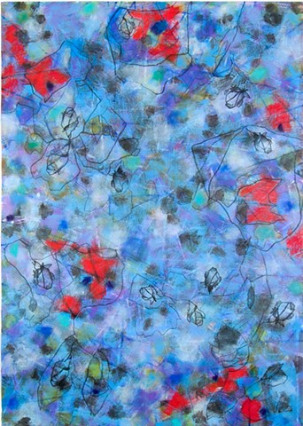 Flowers, blossoms, buds, line, blue, red, works on paper, etching paper, colorful, cheerful