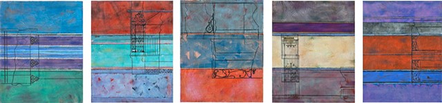 on paper, collage, line, acrylic skins, French ironwork, blue, red
