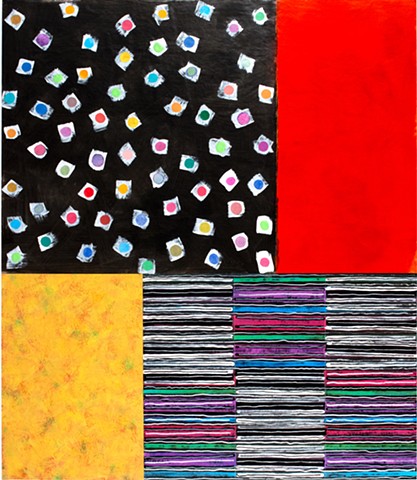 red, polka dots, abstract, mixed media, canvas