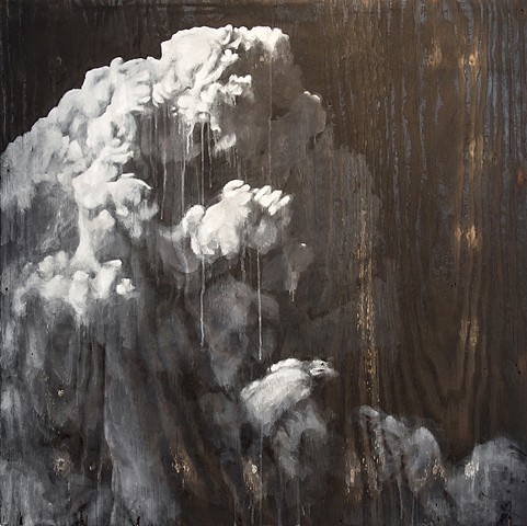 Oil painting made by rubbing ashes and charcoal onto a burned wooden panel. Clouds 