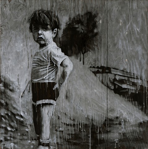 Ash, charcoal and oil on burned panel