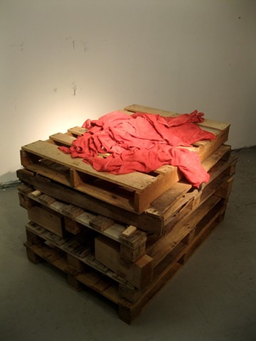 cenotaph, recycled pallet art, dyed red shirts