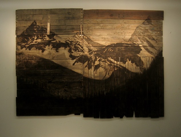 outpost, landscape, woodcut and burned wood