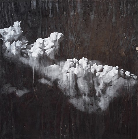 Oil painting made by rubbing ashes and charcoal onto a burned wooden panel. Clouds