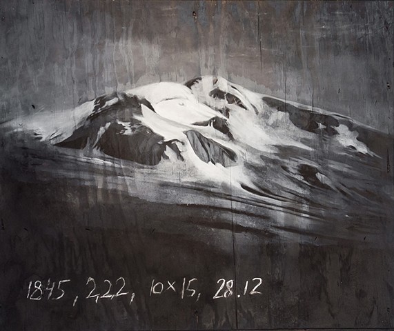 Oil painting made by rubbing ashes and charcoal onto a burned wooden panel. Landscape painting of a mountain