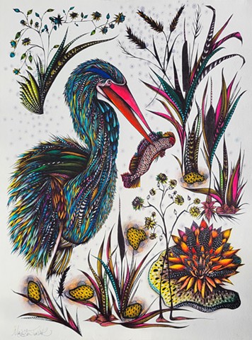 Colorful drawing of Blue heron bird with fish 