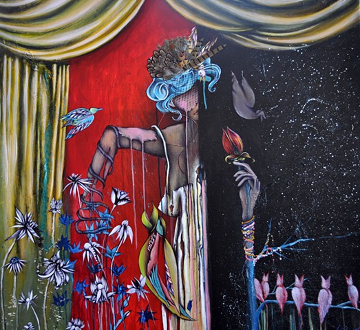 expressionist painting, surreal art, woman with birds, woman on stage