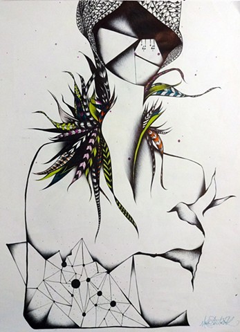 Black and white surreal geometric drawing of woman with bird feathers