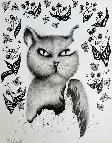 Black and white drawing of cat with flower pattern and geometric shapes