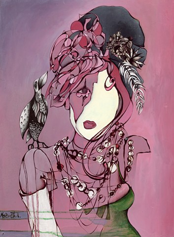 clown, woman with bird, contemporary art