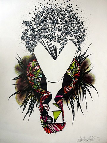 black and white drawing portrait of woman with feather scarf
