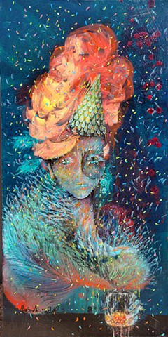 Colorful Surrealist painting of woman in birthday hat confetti falling