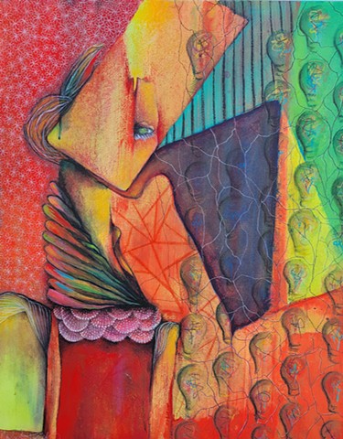 Colorful surrealist painting of electric woman with lightbulb pattern