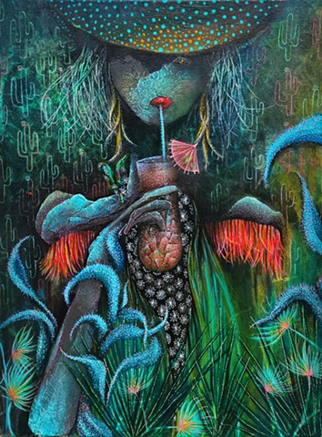 Vibrant Expressionist style portrait of woman with cracked blue face wearing a big hat with blue polka dots and  black bandana with white daisies and bright pink fringes off her shoulders. She is drinking a tropical cocktail. The background is dark green with outline of cactus patters fading in and out of focus.  Prickly blue plant winds around her arm holding a drink. 