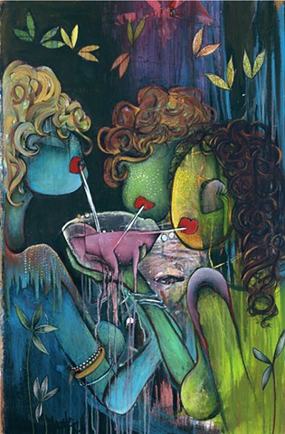 Colorful painting of three women drinking cocktail