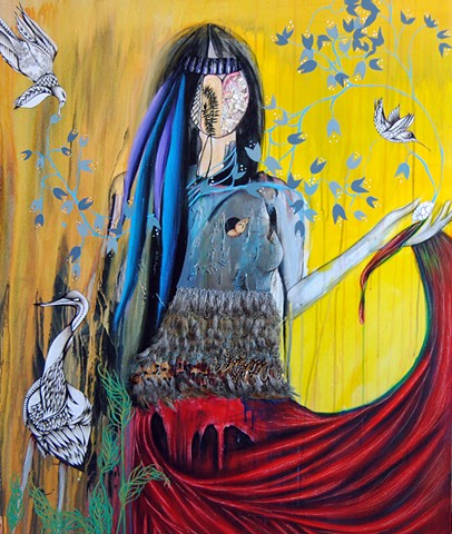 Modern painting, pheasant feather art, woman with birds, South Dakota art