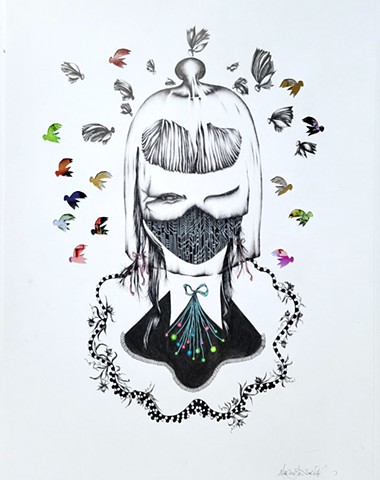 Black and white drawing of a surreal woman with head covered by a glass dome similar to a cake stand cover.  Fruitflies swarm around her head. Her face is partially torn off exposing a computer circuit board  suggesting she is a cyborg or part human, part robot, She has a blue bow around her neck and a necklace made of pearls and plants intertwined. 