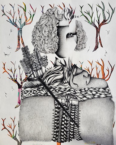 black and white ink drawing of woman hunting with bow and arrows, tree shapes are cut out in the background and colorful patterns lay underneath giving the appearence of woods.