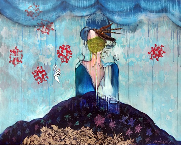 surealism, modern art, snowflakes, flowers, pheasant feather art, painting of woman with flowers