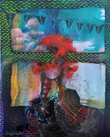 Colorful surrealist painting of electric carnival woman with red hair out a window