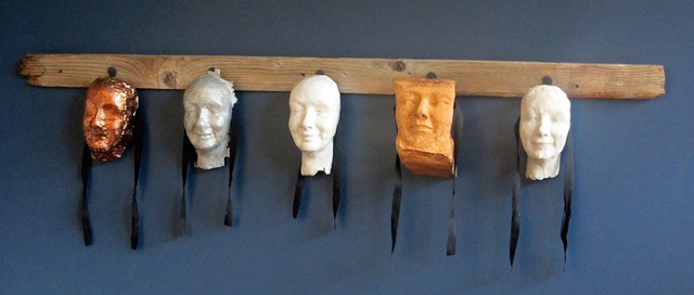 masks, mixed media, faces, sculpture, ceramic, cast aluminum, paper clay, wood