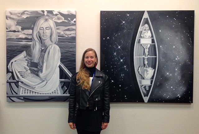 Alyssa with her paintings at Gather Shoppe show in Bloomington, Indiana