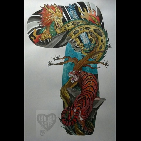 All Rights Reserved By Shauna Fujikawa Stickles Tattoos & Art- Tiger & Golden Dragon