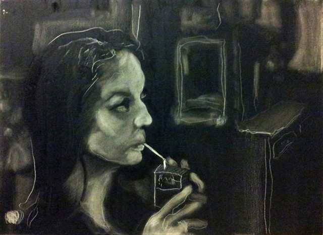 oil painting, painting, fine art, portrait, profile, black and white, monochromatic, school, classroom, juicebox, apple juice