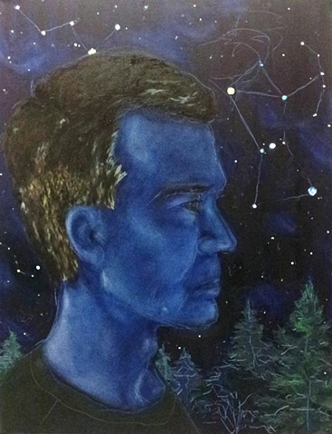 oil painting, painting, fine art, portrait, profile, blue, constellation, constellations, orion, night sky, stars, forest, trees, astronomy, wisdom, swordfish