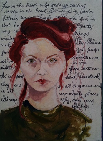 oil painting, painting, drawing, text, script, fine art, portrait, redhead, pale, italian, devil, literature, santa vittoria, wisdom