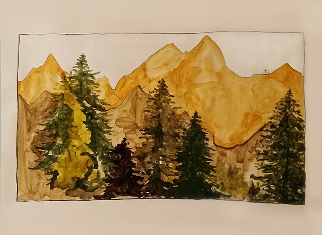 painting, drawing, fine art, landscape, mountains, series, triptych, nature, redwoods