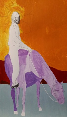 painting, drawing, fine art, horses, figurative, cowboy, cowboys, 70s, 1970s, pistol, revolver, colorful, orange, surreal, tom petty, adventure, narrative, story, dessert, wild west, western