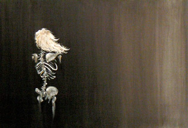 oil painting, paint, painting, fine art, anatomy, anatomical, medicine, medical, skeleton, bones, female, wind, gray, dark, fade, hope, light, sad, fragile, morbid, figurative